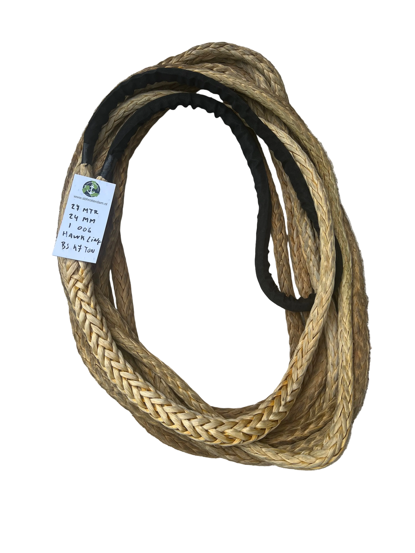 Hawk-Line Touw HMPE 27MTR 24 MM 47 Ton 1 bekleed Oog mooring line afmeerlijn Dyneema rope afgeleid