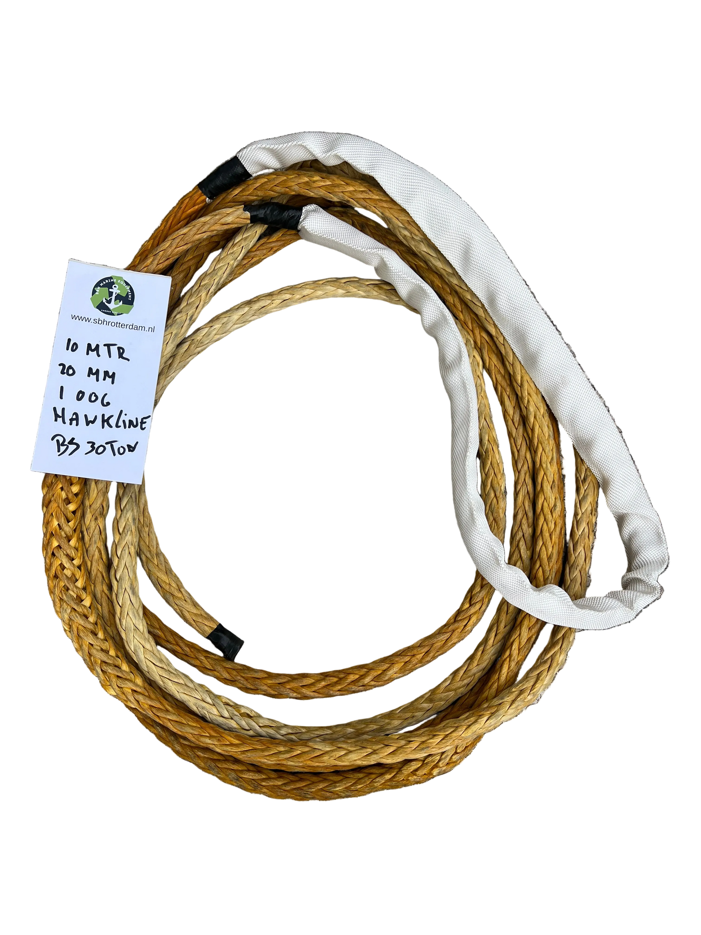 Hawk-Line Touw HMPE 10 MTR 20 MM 30TON 1 bekleed Oog mooring line afmeerlijn Dyneema rope afgeleid