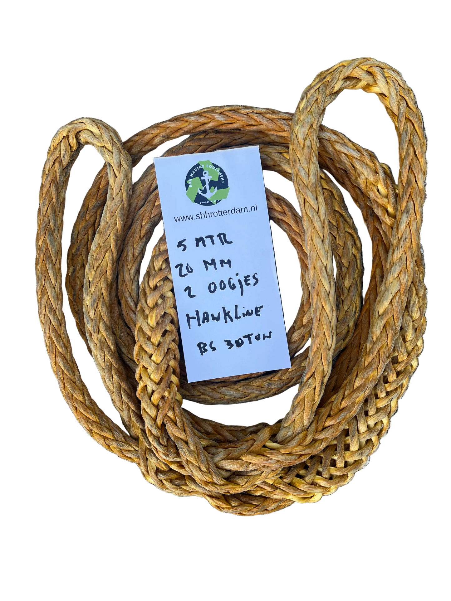 Sleepkabel Sleeplijn HMPE 5 MTR 20 MM 30TON 2 oogjes. HMPE Touw Dyneema rope afgeleid