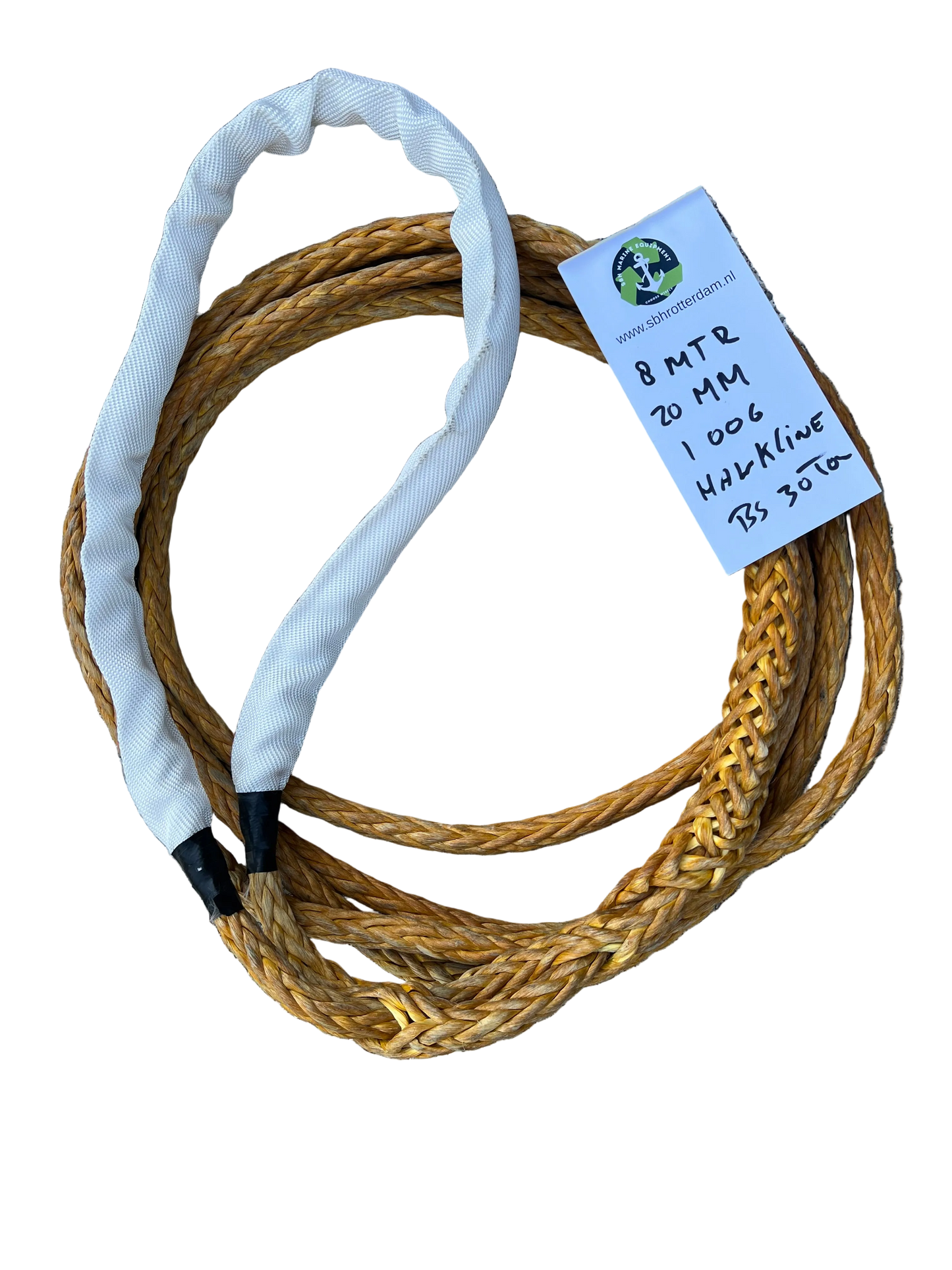 Hawk-Line Touw HMPE 8 MTR 20 MM 30TON 1 bekleed Oog mooring line afmeerlijn Dyneema rope afgeleid