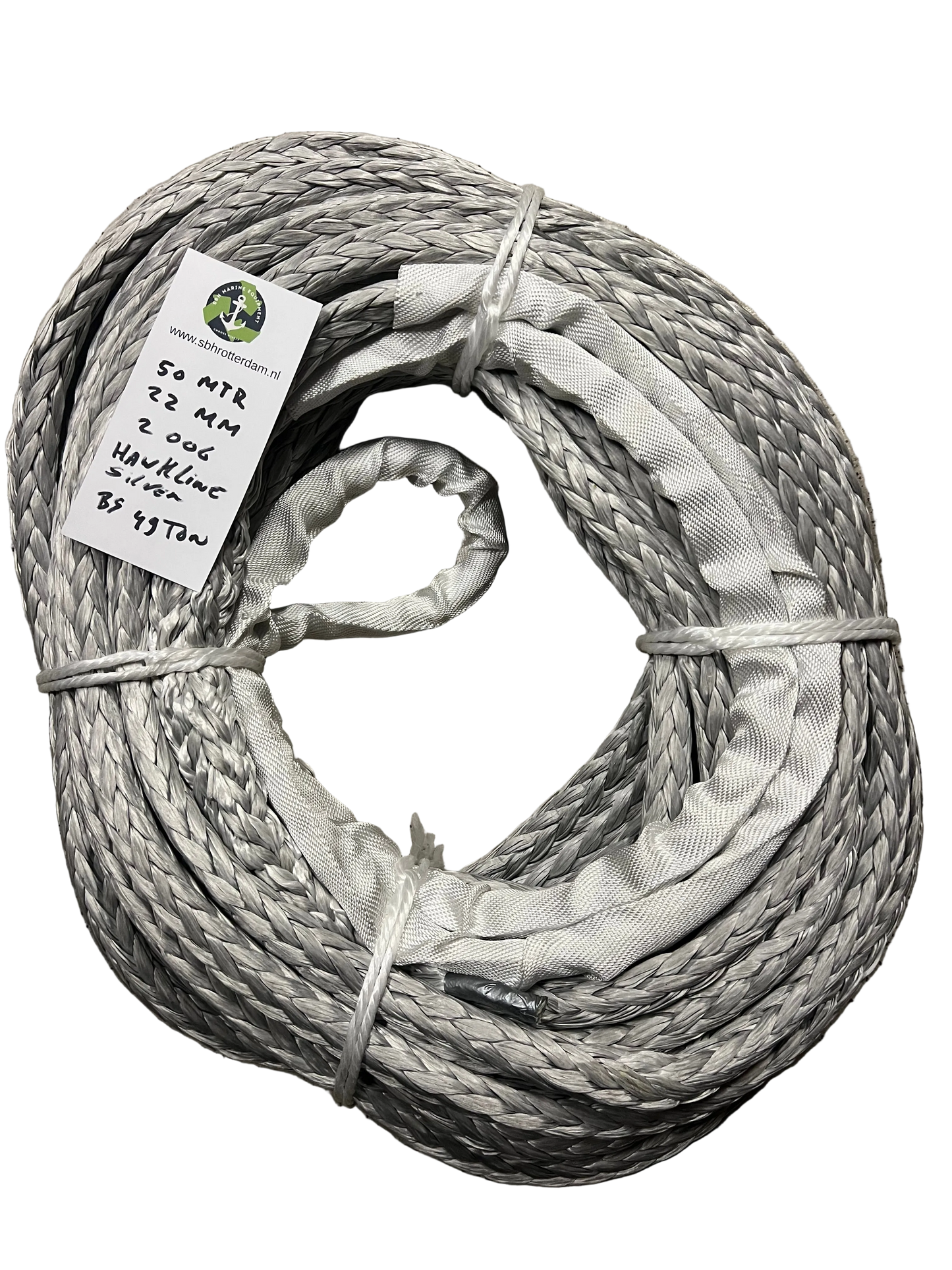 Hawk-Line Silver Grey Touw UHMPE 50MTR 22MM 49 Ton 2 Oog NIEUW Gecertificeerd!!! meerlijn Scheepstouw Dyneema afgeleid