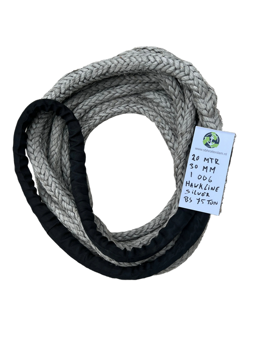 Hawk-Line Silver Grey Touw HMPE 20MTR 30MM 75Ton 1 Bekleed Oog Meerlijn Sleeptouw Scheepstouw Dyneema afgeleid