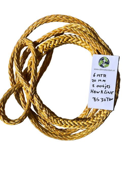 Sleepkabel Sleeplijn HMPE 6 MTR 20 MM 30TON 2 oogjes. HMPE Touw Dyneema rope afgeleid
