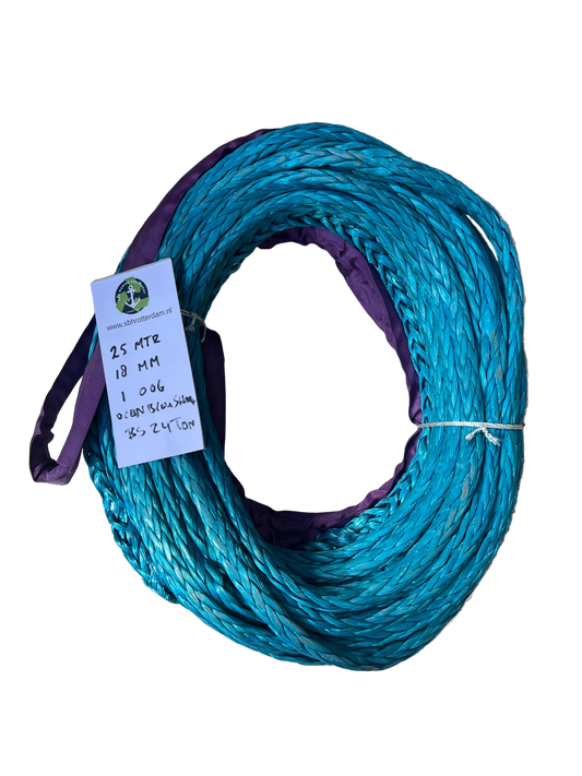 Ocean Blue Shark Line HMPE 25MTR 18 MM 24Ton 1 bekleed Oog NIEUW!!!mooring line afmeerlijn Dyneema rope afgeleid