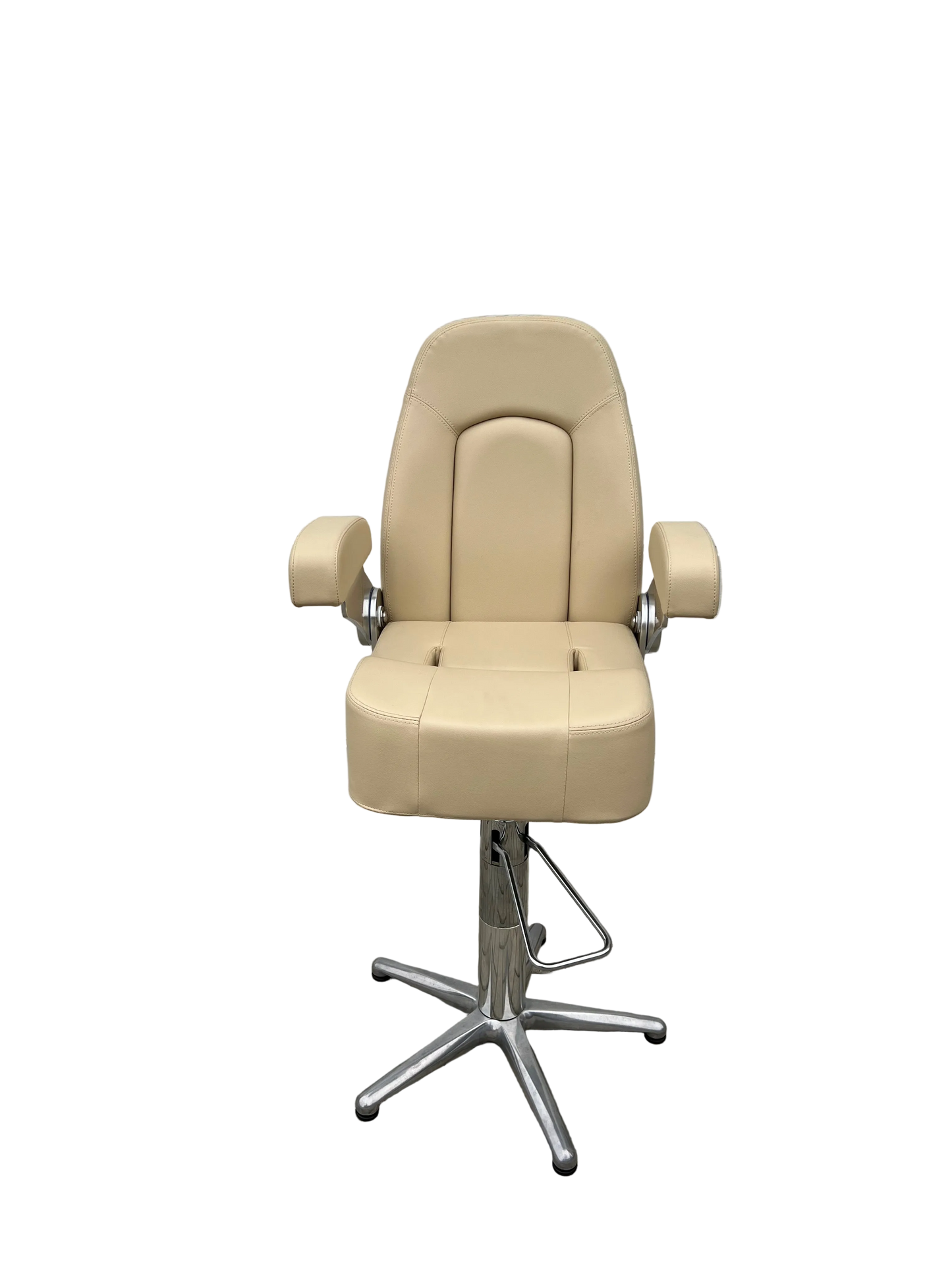 Yacht stuurstoel beige leder met inklapbare zitting en armleuningen compleet met 5 poot pneumatisch verstelbaar.