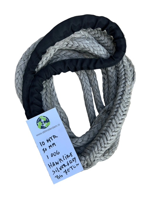 Hawk-Line Silver Grey Touw HMPE 10MTR 30MM 75Ton 1 Bekleed Oog Meerlijn Sleeptouw Scheepstouw Dyneema afgeleid