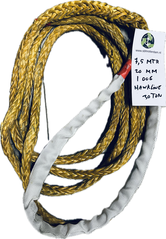 Hawk-Line Touw HMPE 7,5MTR 20 MM 30TON 1 bekleed oog mooring line afmeerlijn Dyneema rope afgeleid