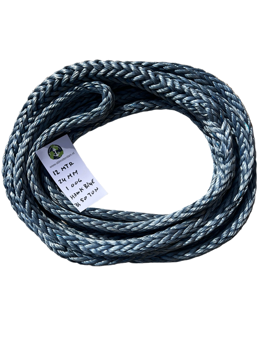 Hawk Blue line HMPE Meerlijn Sleep touw 12Mtr 24MM 1 Oog BS 50Ton NIEUW!!! Dyneema afgeleid