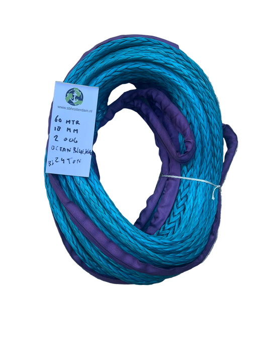 Ocean Blue Shark Line HMPE 60MTR 18 MM 24Ton 2 bekleed Oog NIEUW!!!mooring line afmeerlijn Dyneema rope afgeleid