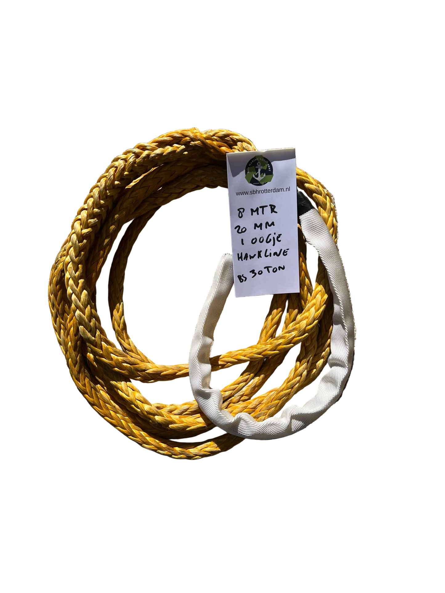 Hawk-Line Touw HMPE 8 MTR 20 MM 30TON 1 bekleed Oog mooring line afmeerlijn Dyneema rope afgeleid