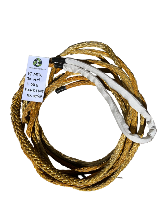Hawk-Line Touw HMPE 15 Mtr 20 MM BS 30 Ton 1 Oog meerlijn. Dyneema rope afgeleid