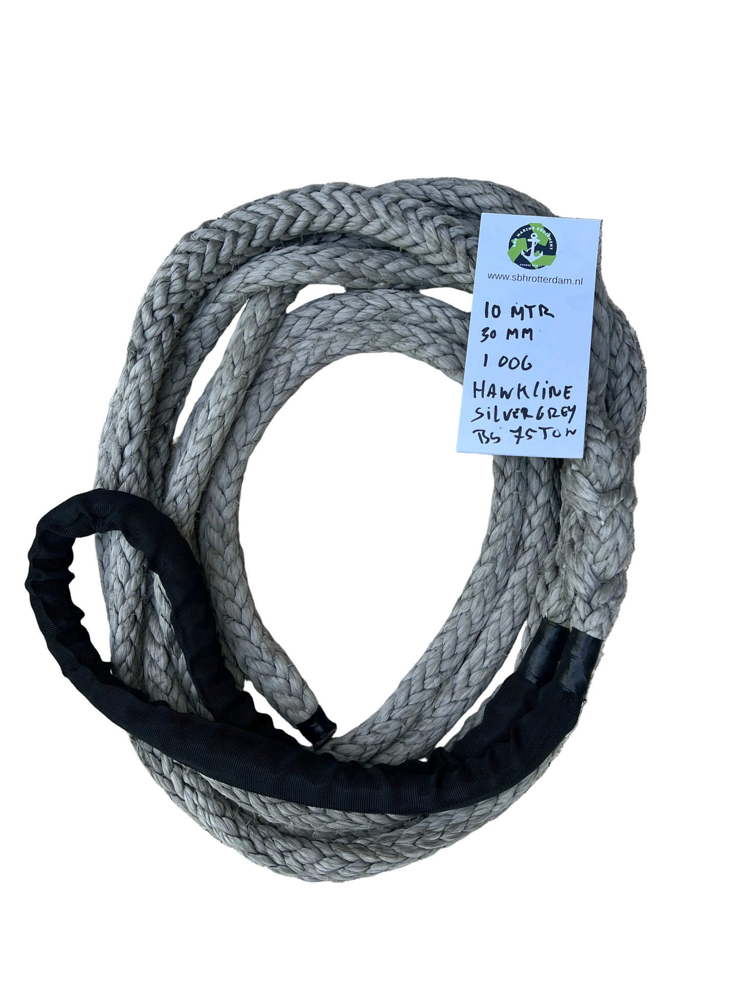 Hawk-Line Silver Grey Touw UHMPE 10MTR 30MM 75Ton 1 Bekleed Oog Meerlijn Sleeptouw Scheepstouw Dyneema afgeleid