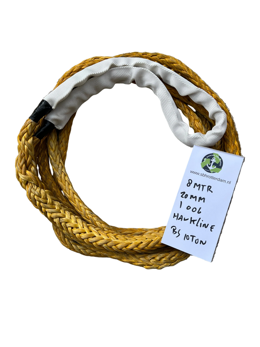 Hawk-Line Touw HMPE 8 MTR 20 MM 30TON 1 bekleed Oog mooring line afmeerlijn Dyneema rope afgeleid