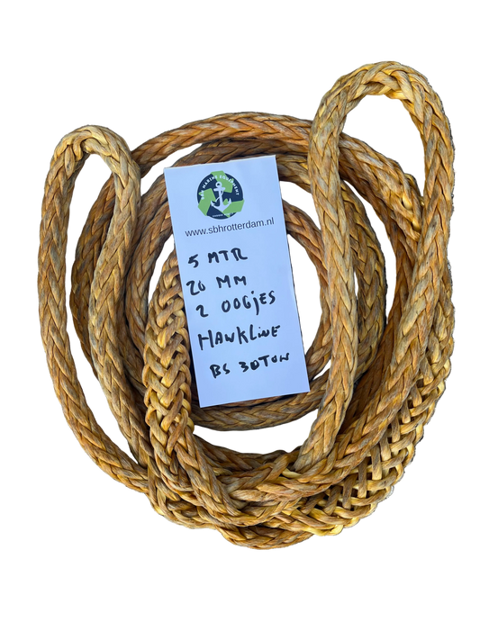 Sleepkabel Sleeplijn HMPE 5 MTR 20 MM 30TON 2 oogjes. HMPE Touw Dyneema rope afgeleid