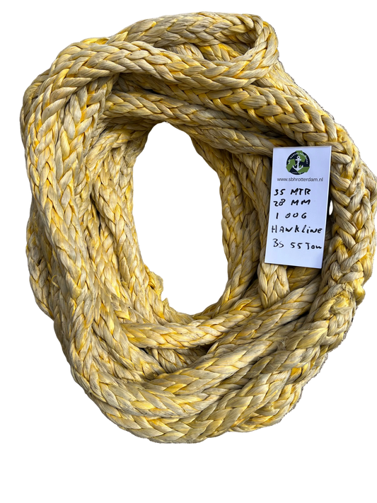 Hawk-Line Touw HMPE 35 MTR 28 mm 55Ton 1 Oog mooring line afmeerlijn Dyneema rope afgeleid