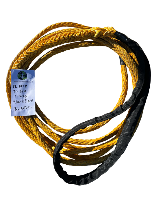 Hawk-Line Touw HMPE 13 MTR 20 MM 30TON 1 bekleed Oog mooring line afmeerlijn Dyneema rope afgeleid