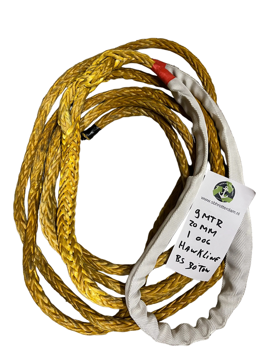 Hawk-Line Touw HMPE 9MTR 20 MM 30TON 1 bekleed Oog mooring line afmeerlijn Dyneema rope afgeleid